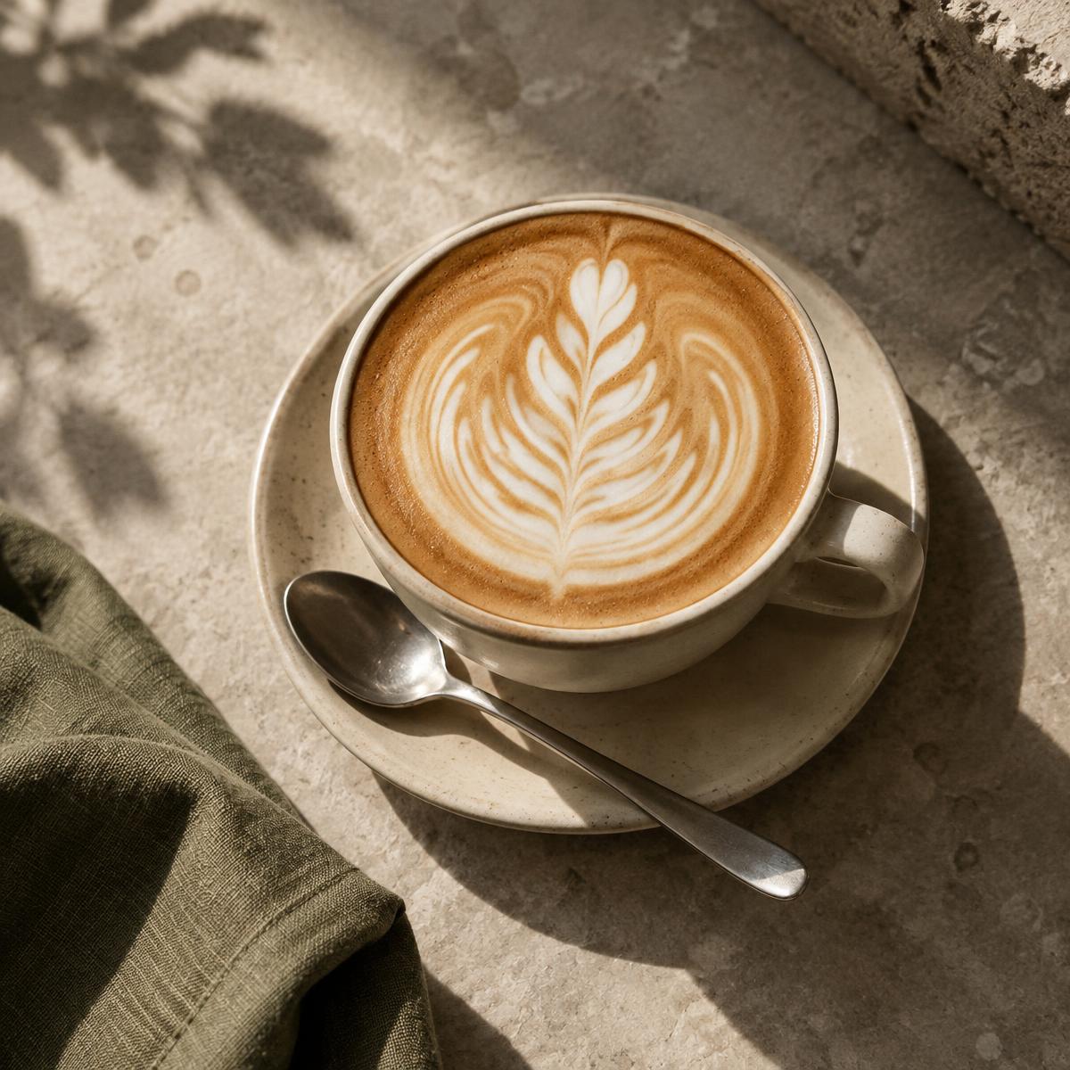 A sunlit flat white with delicate latte art