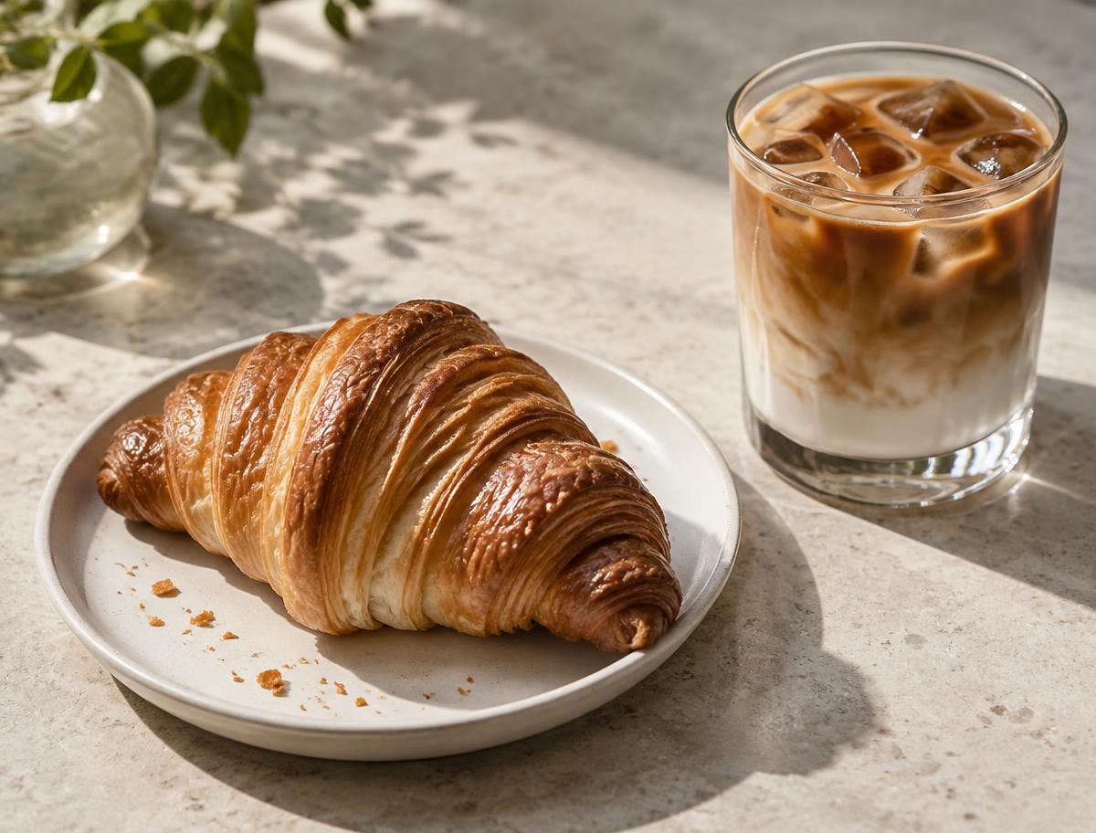 Illustrative café pairing of pastry and iced coffee